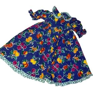 Petals San Francisco Vintage Kids Fruit Print Gingham Ruffle Cotton Dress Blue 4